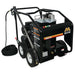 Black pressure washer with wheels and hose on a white background