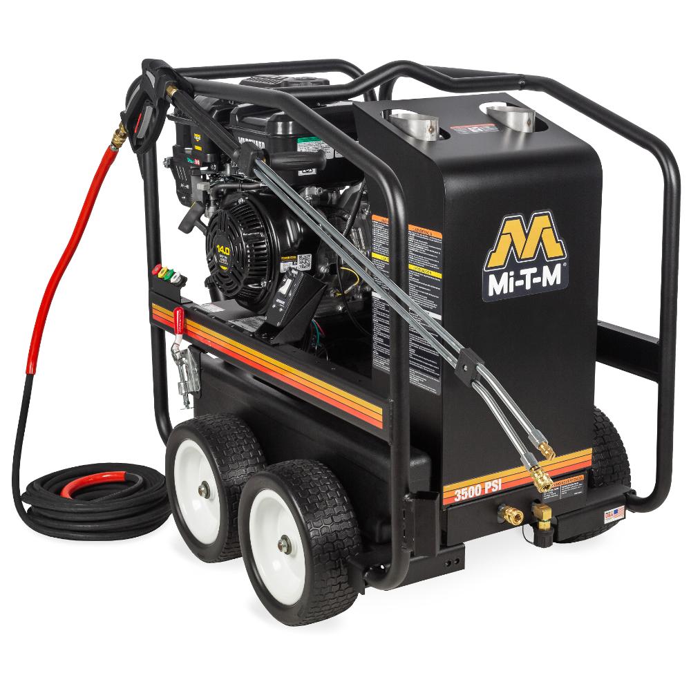 Mi-T-M pressure washer with hose on a white background