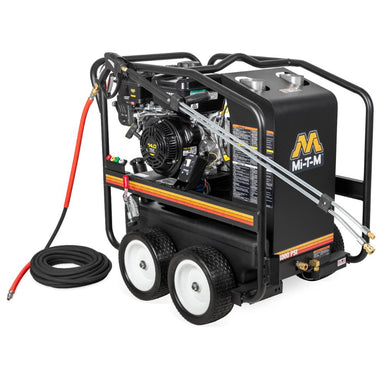 MI-T-M pressure washer with hose on a white background