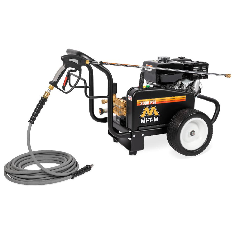 Mi-T-M-JCW-3003-2MHB pressure washer with hose on a white background