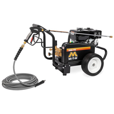 MI-T-M pressure washer with hose on a white background