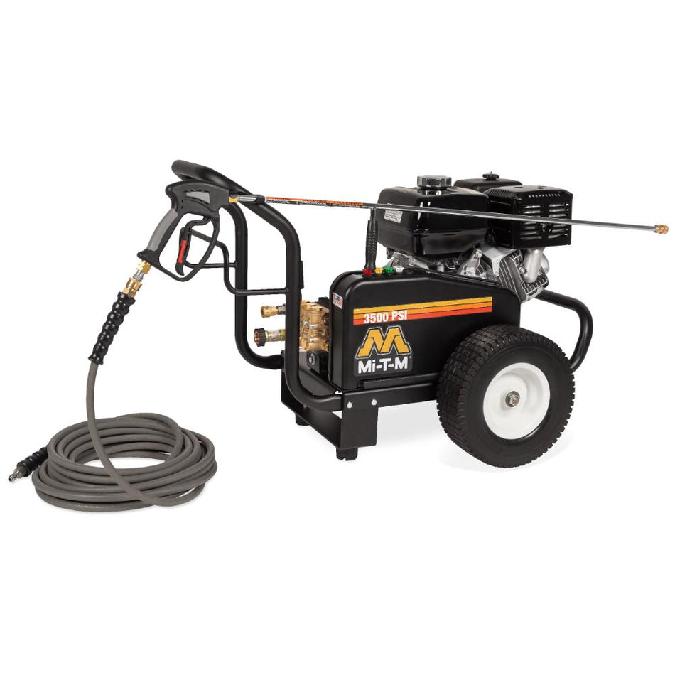 Mi-T-M-JCW-3504-2MHB Pressure washer with hose and nozzle on a white background