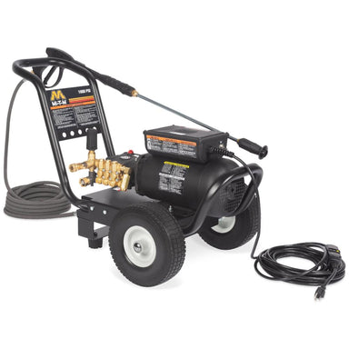 Black pressure washer with hose and nozzle on a white background