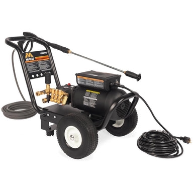 Black pressure washer with hose and nozzle on a white background