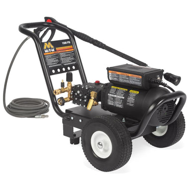 Black pressure washer with hose on a white background