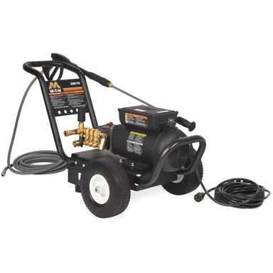 Black pressure washer with hose on a white background
