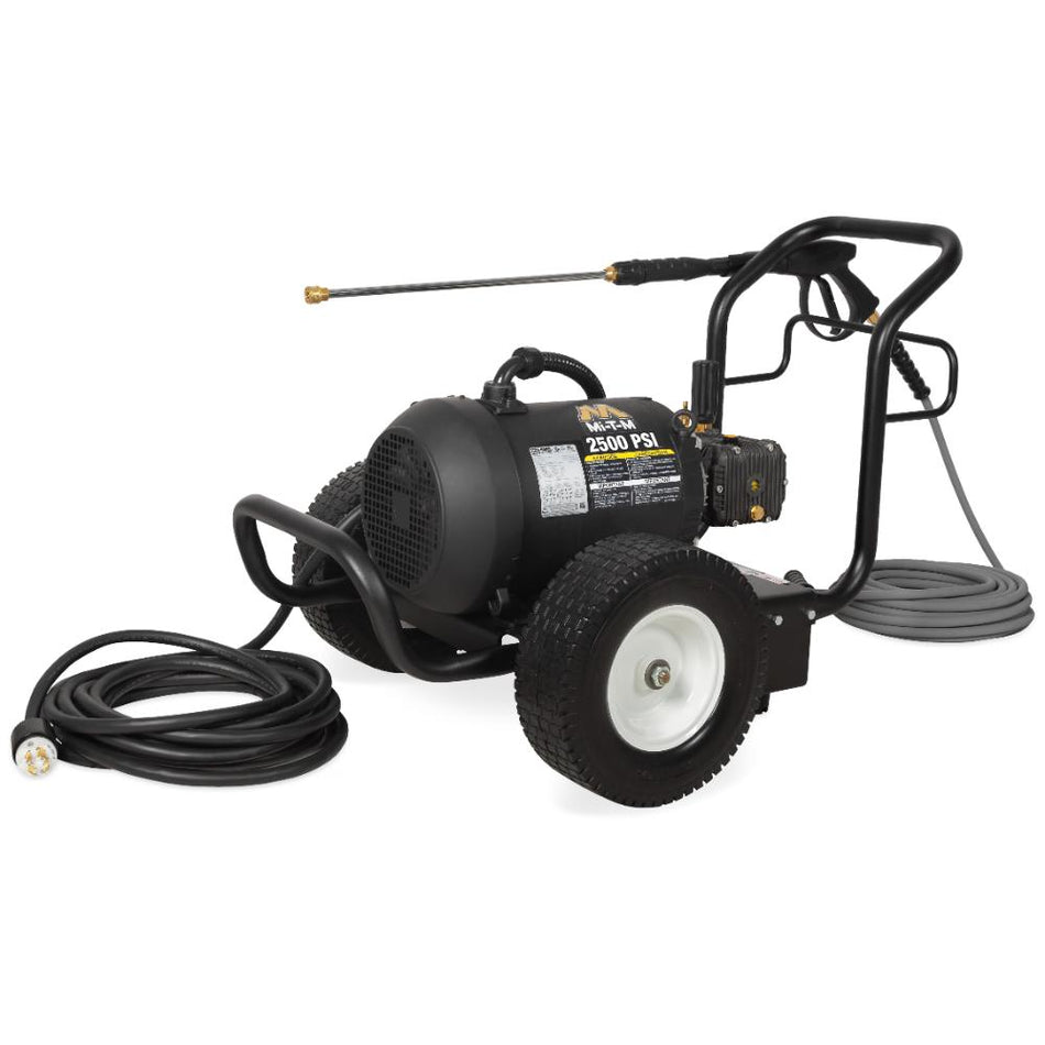 Mi-T-M-JP-2503-1ME3 Black pressure washer with hose on a white background