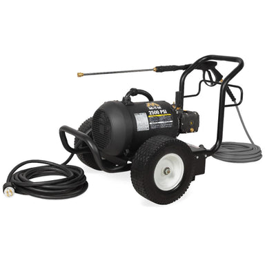 Black pressure washer with hose on a white background