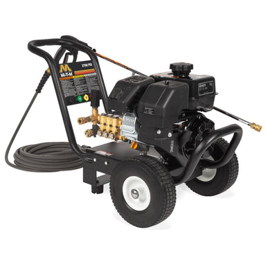 Pressure washer with hose and nozzle on a white background
