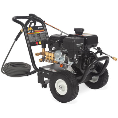 Pressure washer with hose and nozzle on a white background