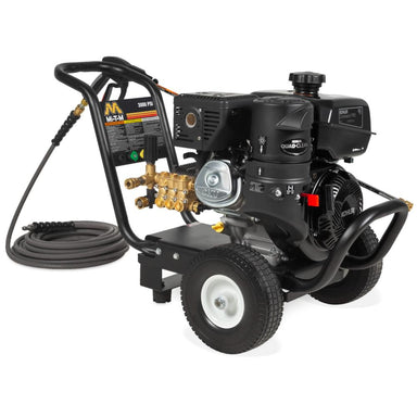 Black pressure washer with hose on a white background