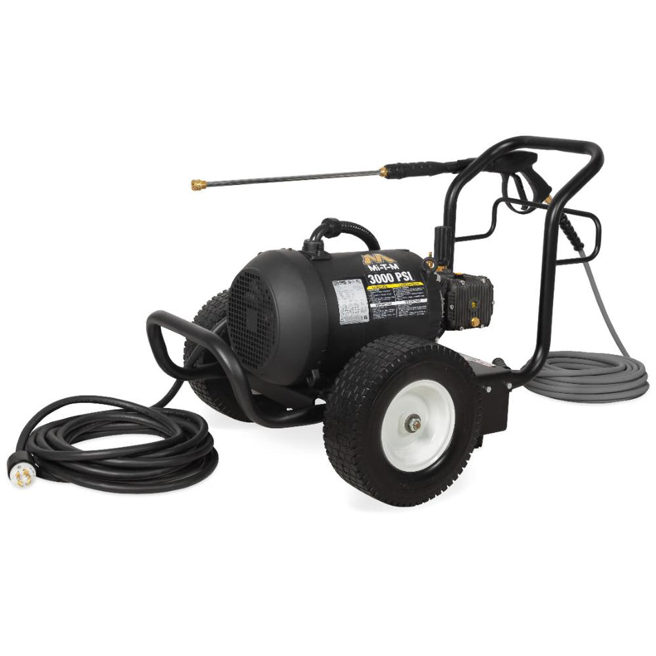 Mi-T-M-JP-3004-1ME3 Black pressure washer with hose on a white background
