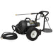 Black pressure washer with hose on a white background