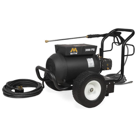 Mi-T-M-JP-3004-2ME1 Black pressure washer with wheels and hose on a white background