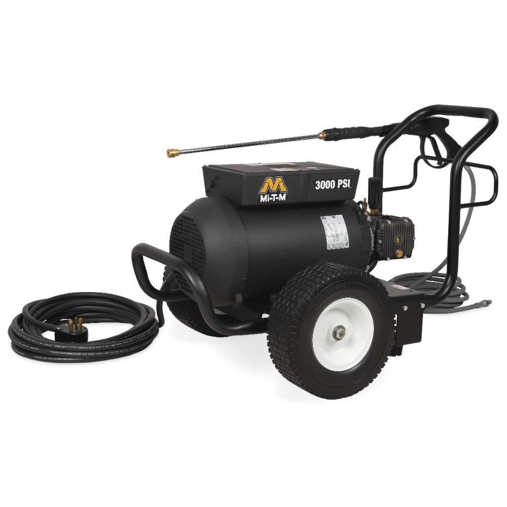 Black pressure washer with wheels and hose on a white background