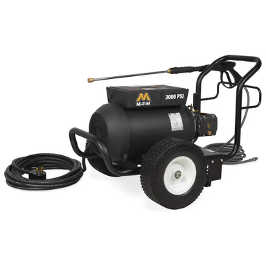 Black pressure washer with wheels and hose on a white background
