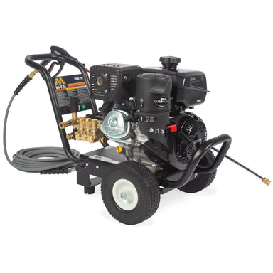 Pressure washer with hose and nozzle on a white background