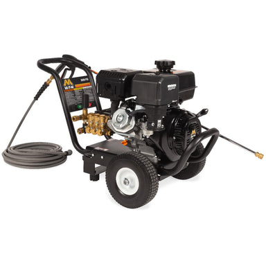 Pressure washer with hose and nozzle on a white background