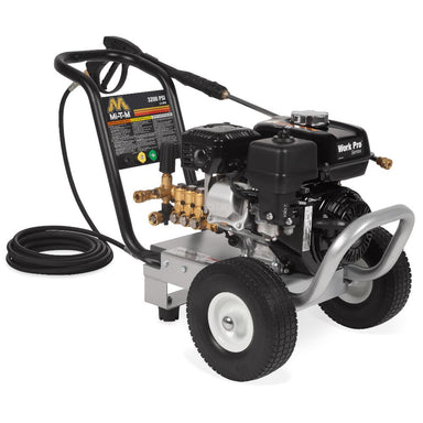 Power washer with hose and nozzle on a white background