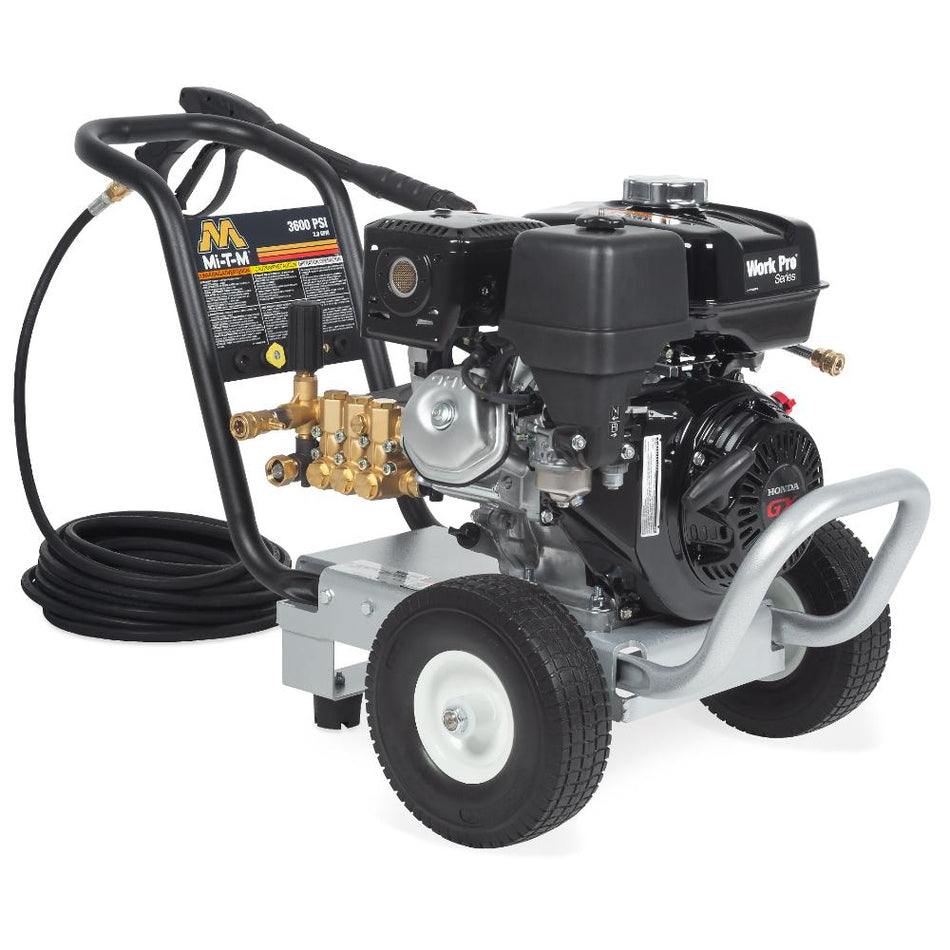 Mi-T-M-WP-3600-0MHB Work Pro pressure washer with engine and hose on a white background