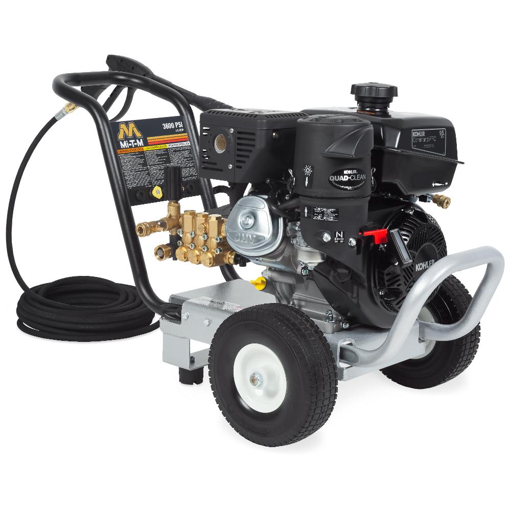 Pressure washer with engine and hose on a white background