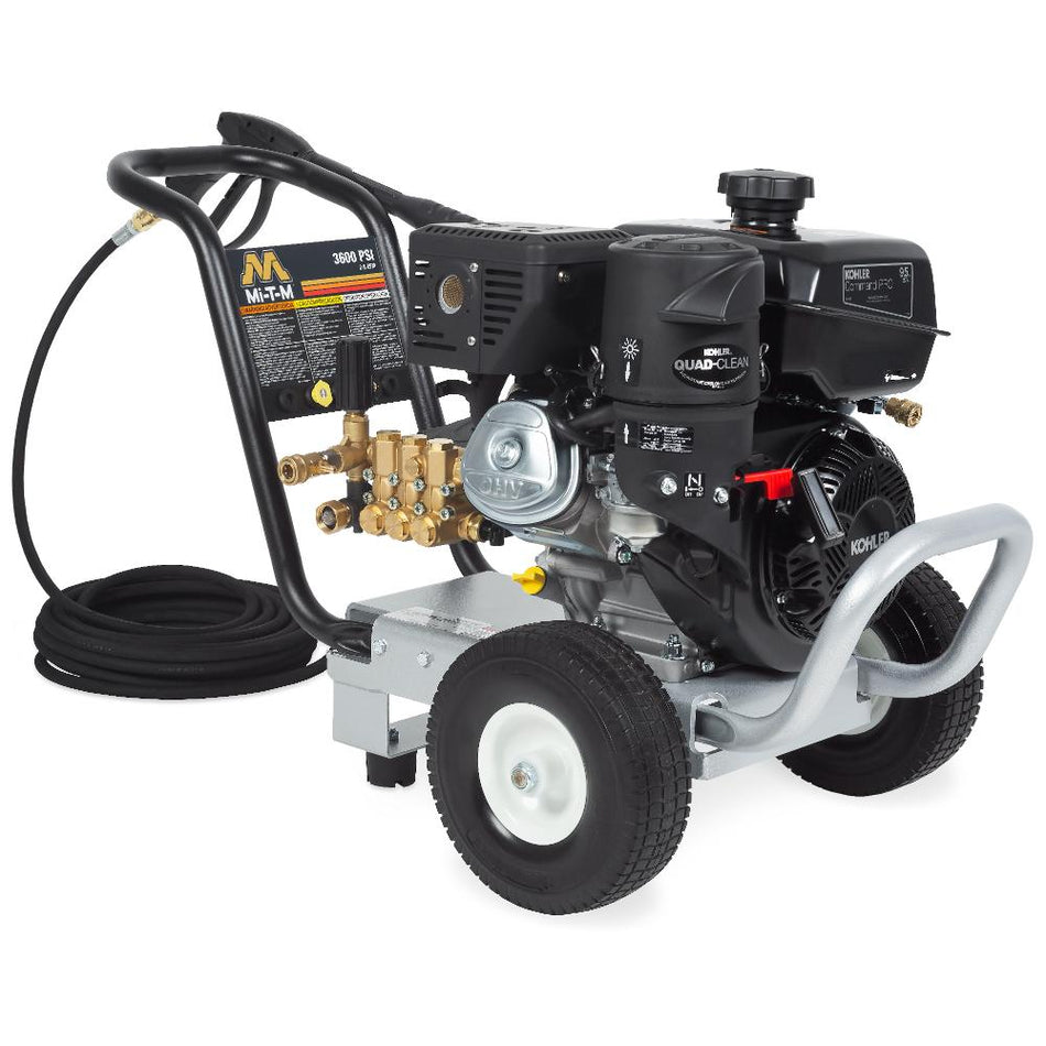 Pressure washer with engine and hose on a white background