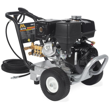 Pressure washer with engine and hose on a white background