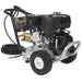 Pressure washer with engine and hose on a white background