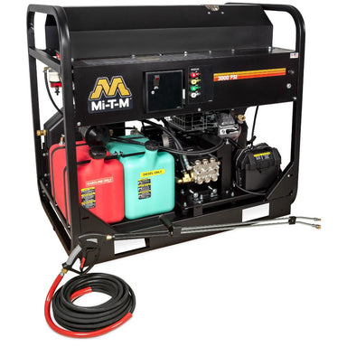 Mi-T-M pressure washer with fuel tanks and hoses on a white background