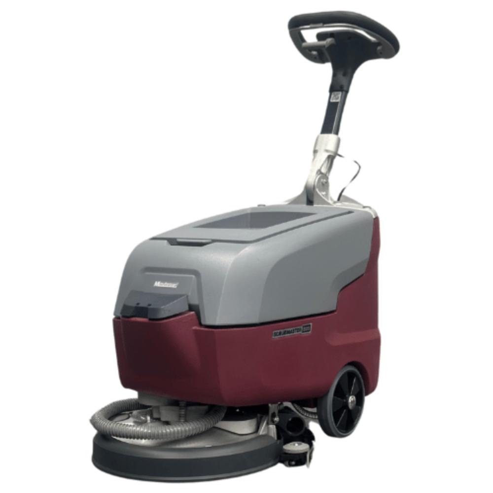 Front angle view of red and grey Minute Man B25 floor scrubber with black handles