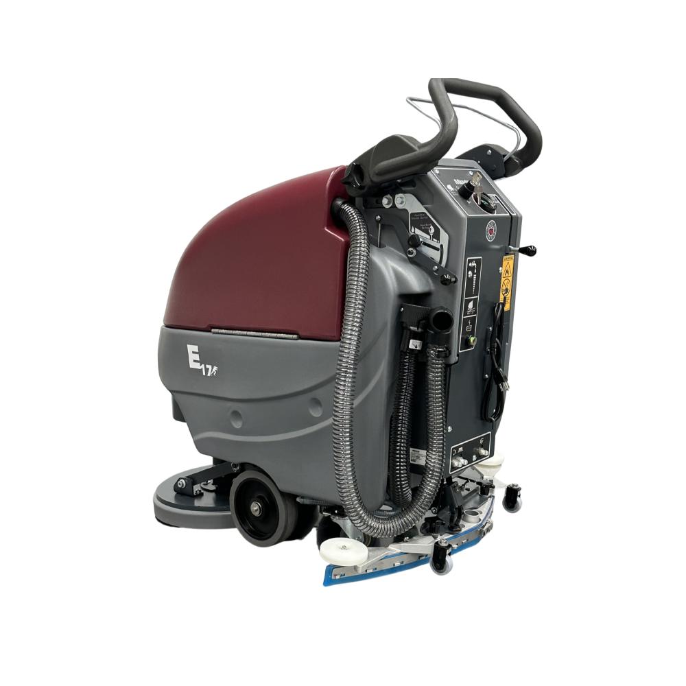 Rear angled view of MinuteMan E17 Floor Scrubber- red and grey floor scrubber showcasing back control panel and black handles