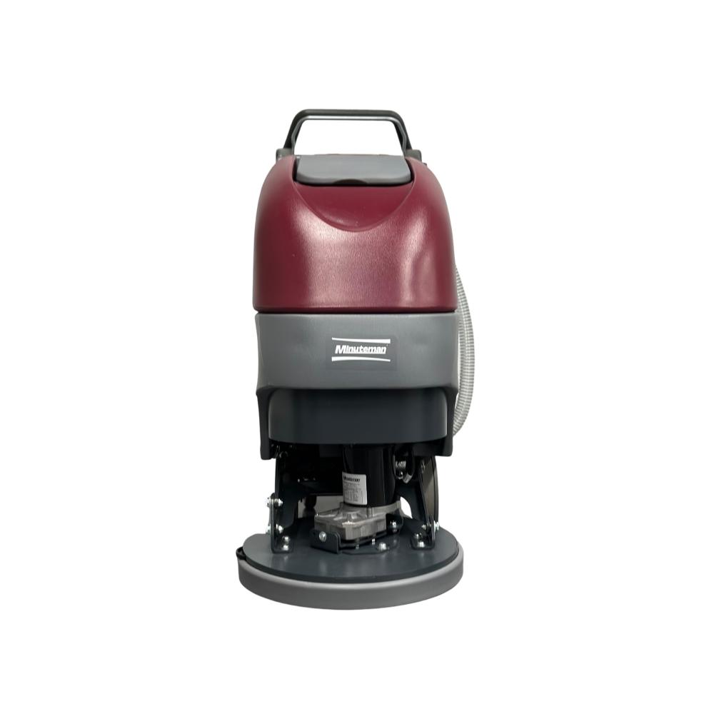 Front view of minuteman e17 Floor Scrubber red and grey floor scrubber showcasing front circular disk pad