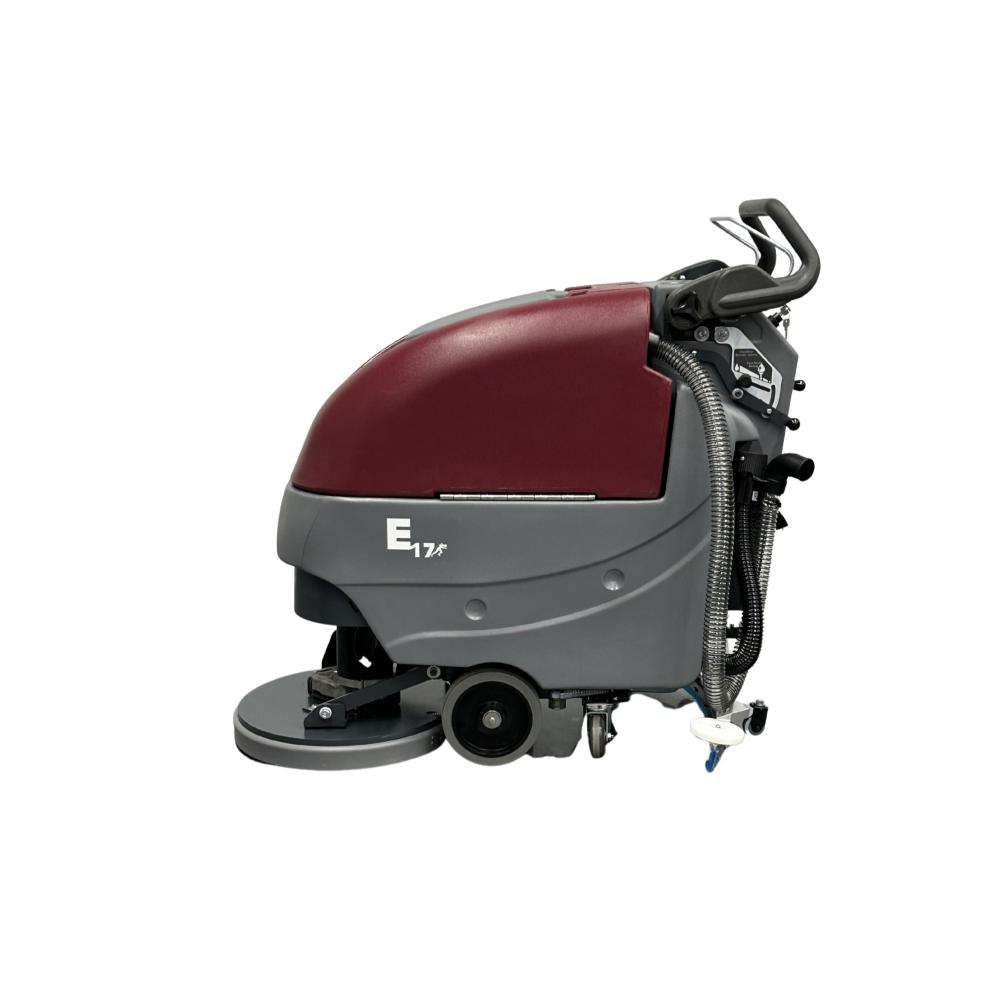 Left side view of the MinuteMan E17 Floor Scrubber Red and grey push floor scrubber