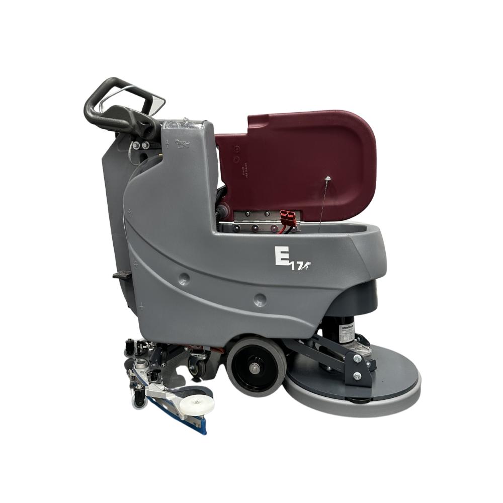 Right side view of MinuteMan e17 floor scrubber showcasing the red hood opened