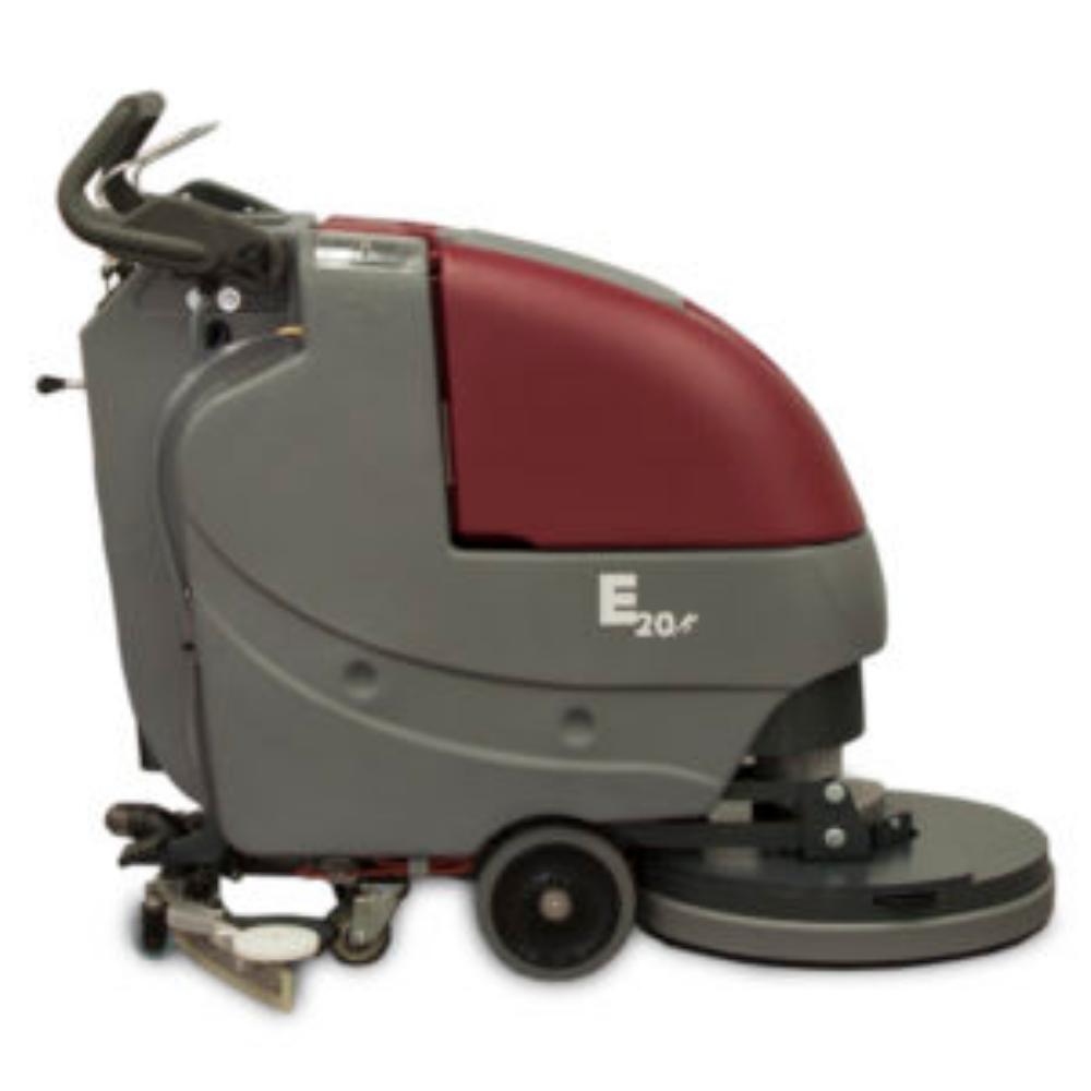 MinuteMan E20 Manual Right side of e20 Grey and Red push Floor Scrubber with front circular cleaning pad