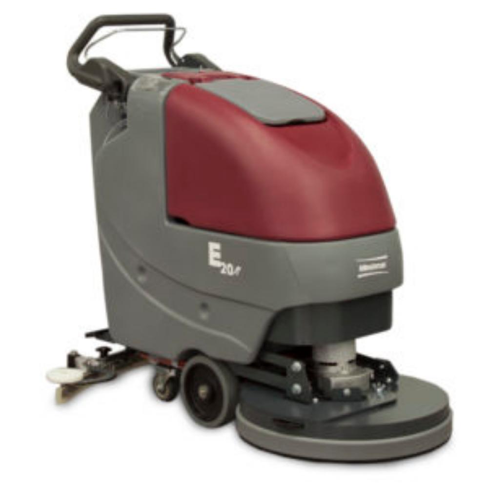 MinuteMan E20 Manual Grey and Red Push Floor Scrubber with squeegee on the bottom in the back