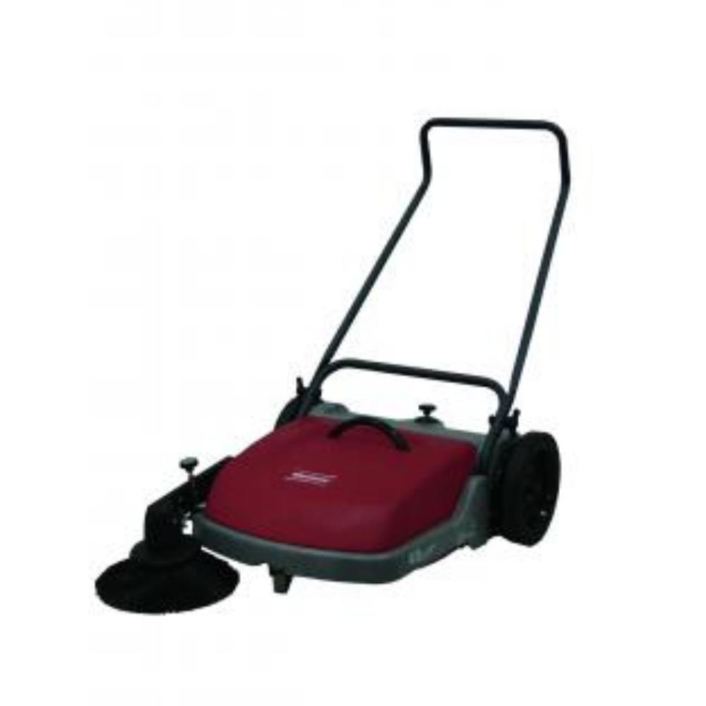 Red and black minute man push vacuum Minute Man Kleen Sweep 27 resembles a push lawn mower.