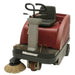 Front of Minute Man Kleen Sweep 40r red riding floor sweeper with extended right side brown brush. 