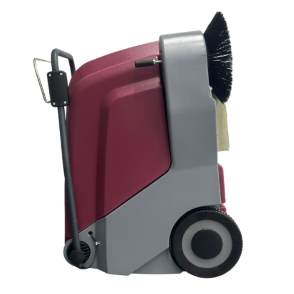 MinuteMan Kleen Sweep 25W Front Red and gray cleaning machine with brush attachment on a white background