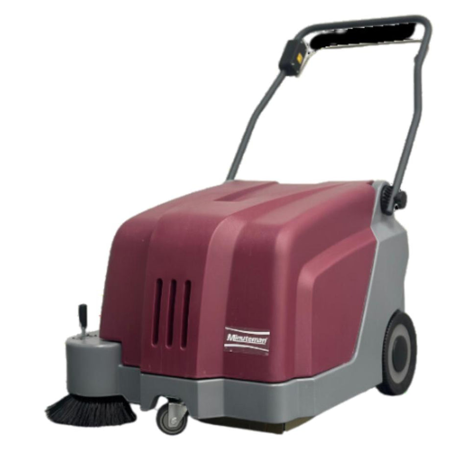 MinuteMan Kleen Sweep 25W Front Maroon and gray floor cleaning machine on a white background