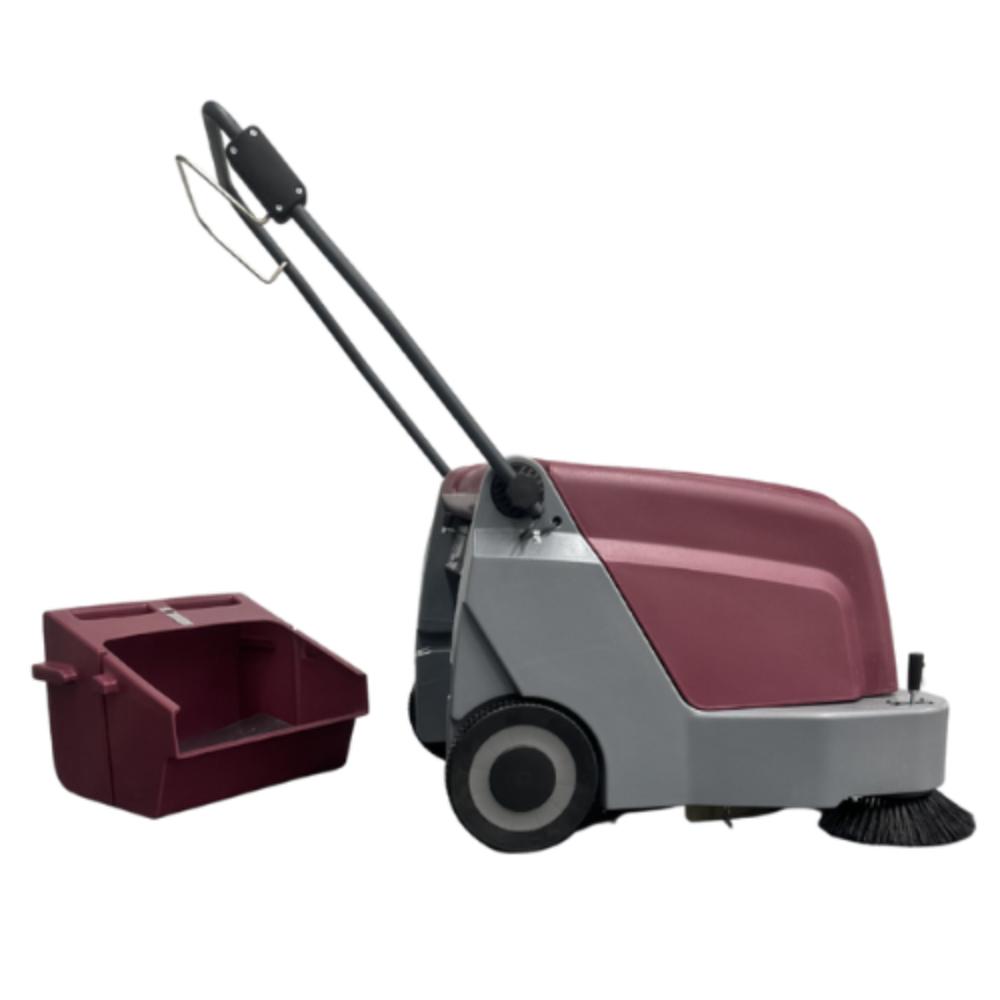 MinuteMan Kleen Sweep 25W Maroon and gray floor cleaning machine on a white background