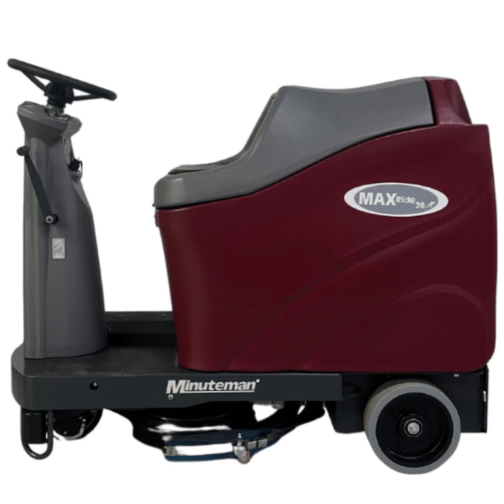 Left view of red and grey minute man max ride 26 floor scrubber