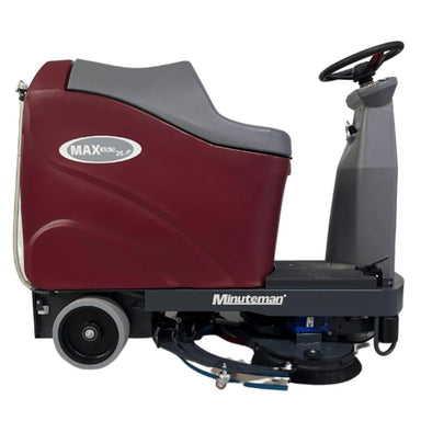 Right side view of red and grey minute man max ride 26 riding floor scrubber 