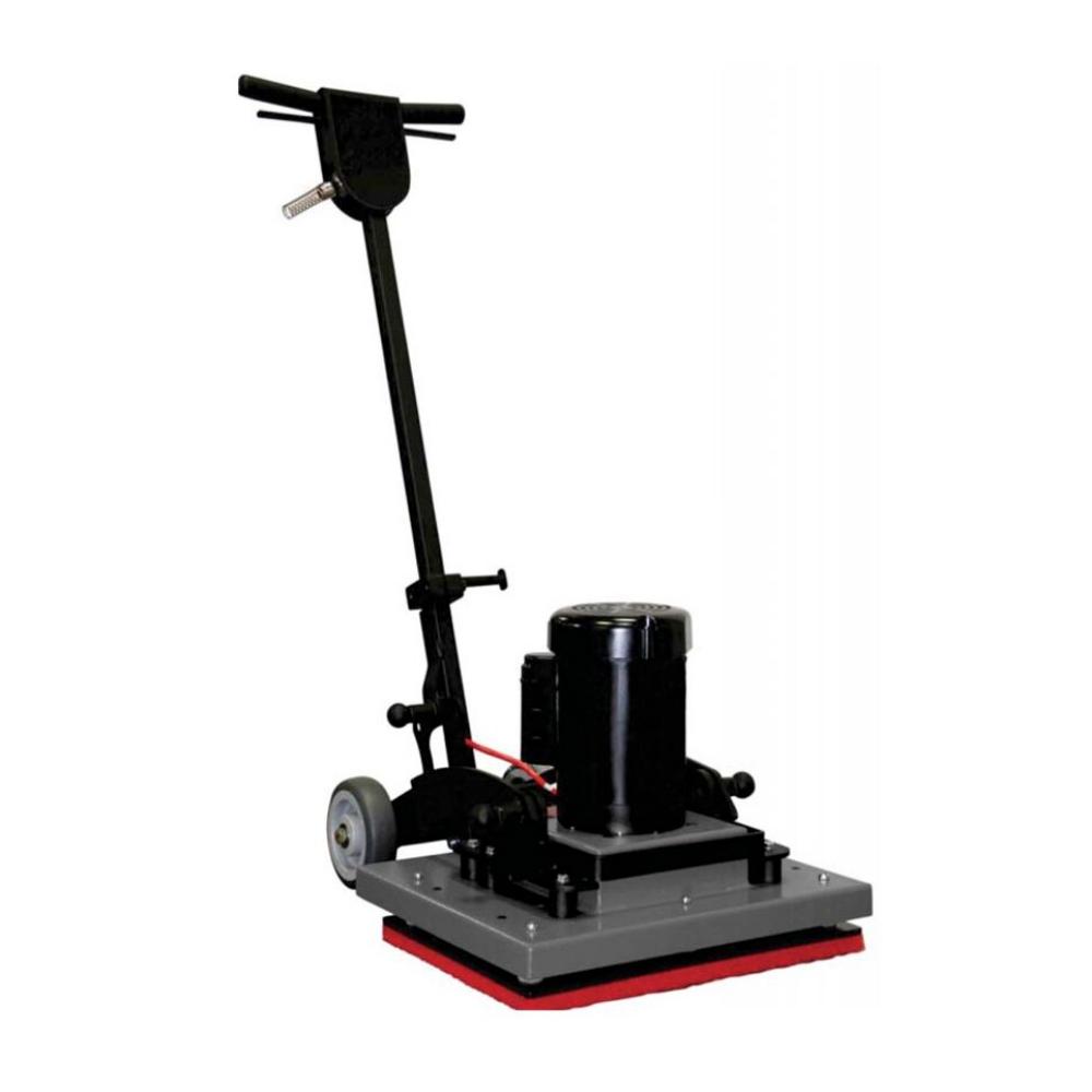 MinuteMan Orbit-20 Black Square head floor scrubber with red pad.