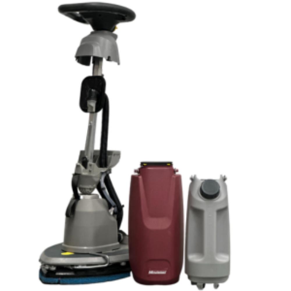 MinuteMan Scrubmaster B5 Tankless scrubber on the left with red water container in the middle, and grey return container on the right. 