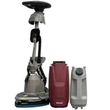 MinuteMan Scrubmaster B5 Tankless scrubber on the left with red water container in the middle, and grey return container on the right. 