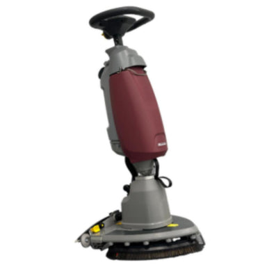 MinuteMan Scrubmaster B5 Red and Grey Push Scrubber standing upright with black handles 