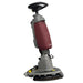 MinuteMan Scrubmaster B5 Red and Grey Push Scrubber standing upright with black handles 