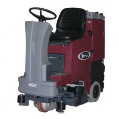 Front Angled view of the red and grey Minute man X ride 28 riding carpet cleaner