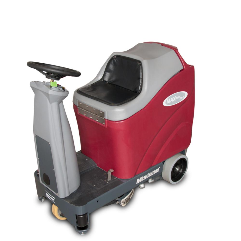 Front angled view of red and grey riding minute man max ride 20 floor scrubber 